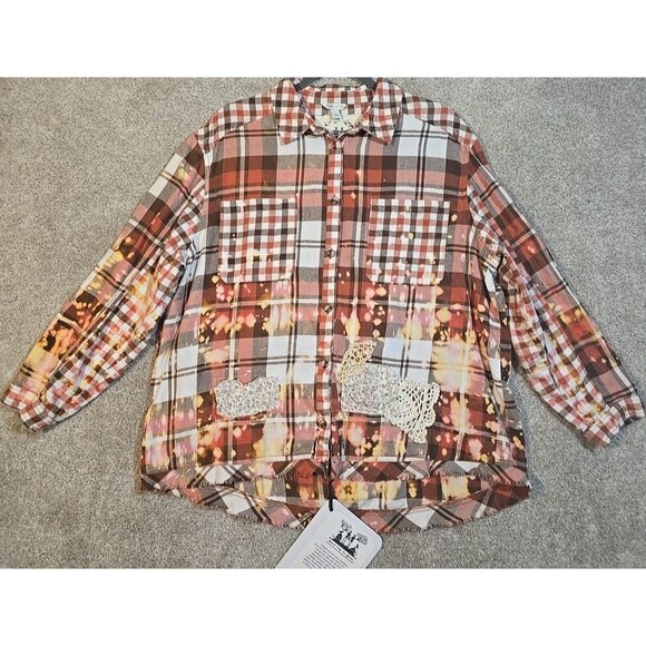 OOAK Upcycle Flannel Tunic Shacket Shirt Birding Owl Fall Distressed Women's L - Picture 3 of 12